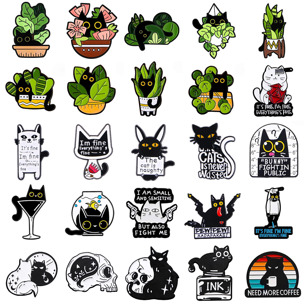 Vintage Collectible Pins - Cute Black Cat Collection Plant Coffee