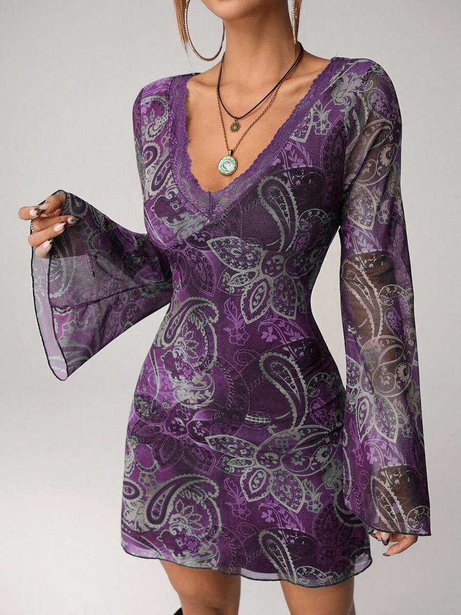 Vintage Necklace - Boho Vintage Paisley Print Purple Sheer